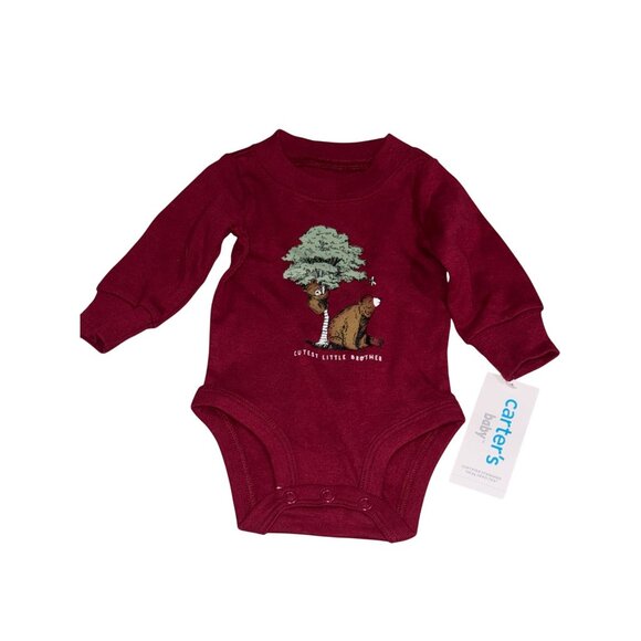 Carters Baby Burgundy Long-Sleeve 24M Bodysuit "Cutest Little Brother" Bear & Tr - Picture 1 of 5